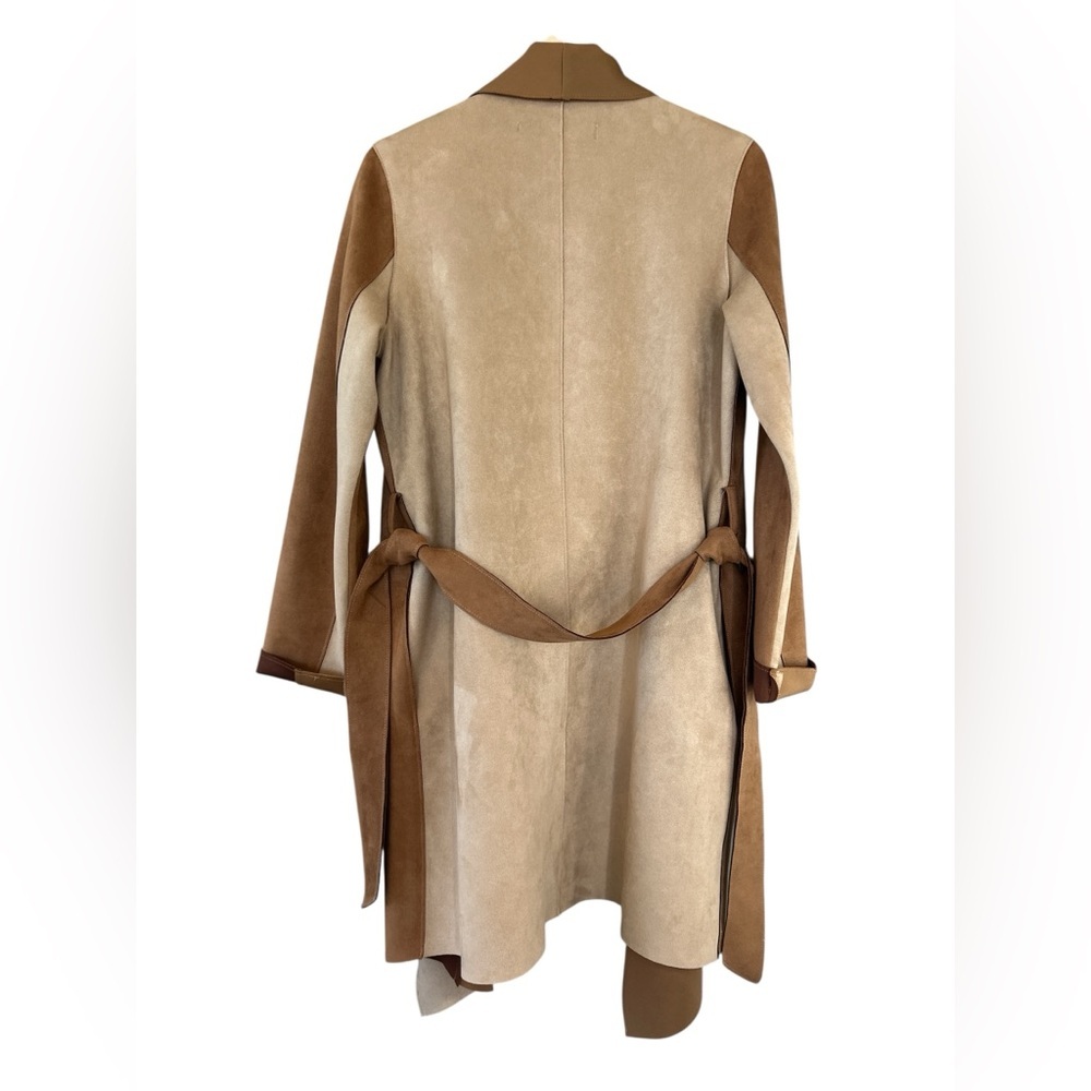 New Zara Faux Suede Two-Tone Belted Waterfall Coat - Picture 7 of 10